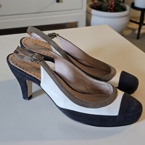 Portua Colorblock Black, White & Tan  Suede And Leather  Slingback Heels